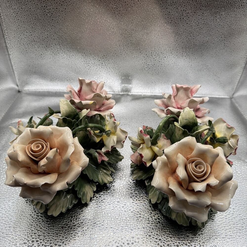 Pair Of Vintage Porcelain Floral Capodimonte Candle Holders Centerpiece